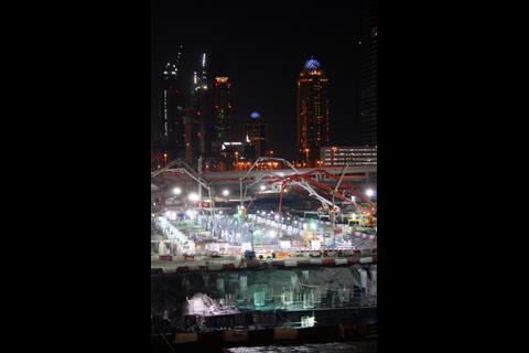 Concrete pour at the Pearl Dubai at night